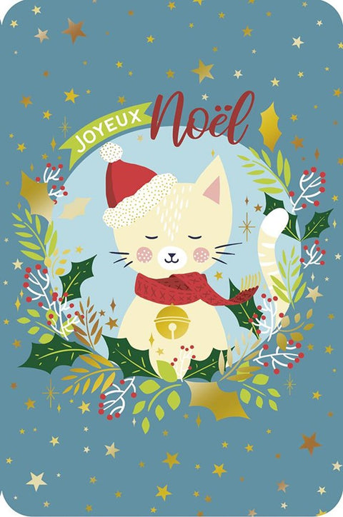 Carte de Noël avec chat mignon et décor étoilé
