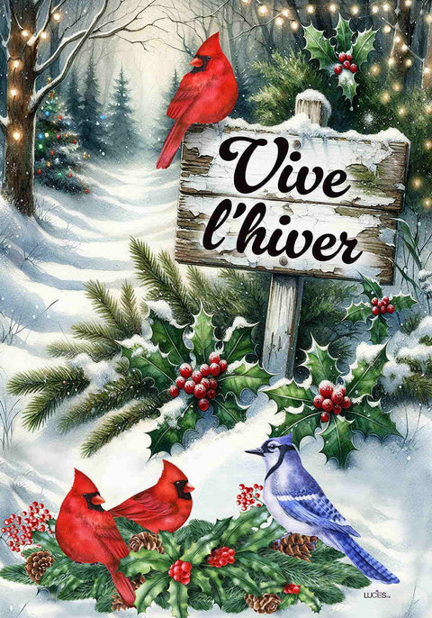 Drapeau décoratif "Vive l'hiver Les oiseaux festifs"