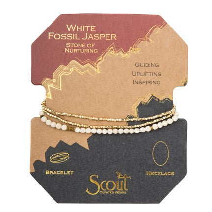 Bracelet-collier 3 tours – Pierre Fossile Blanche et perles dorées