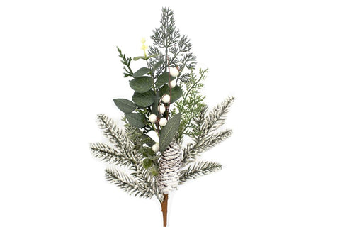Branche décorative de sapin givré avec cocotte, feuillage et baies blanches