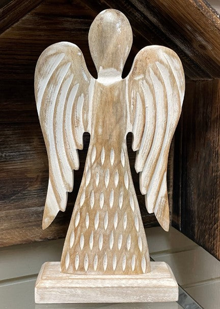 Ange décoratif en bois blanchi sur base