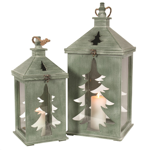 Lanterne décorative verte avec découpe sapin