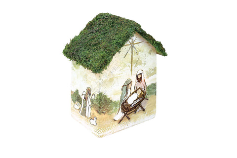 Lanterne en forme de maison avec scène de la nativité