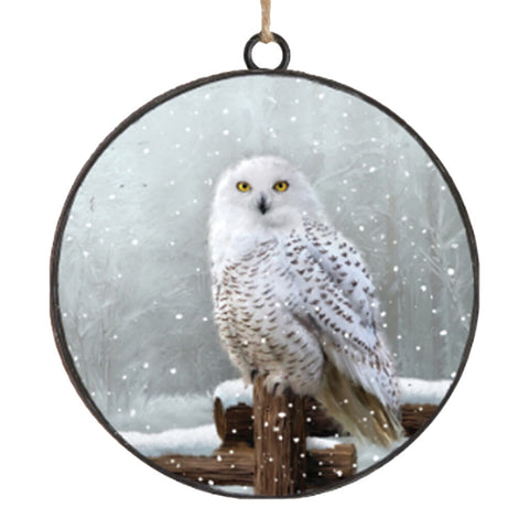 Ornement de disque en métal d'un hibou sur clôture