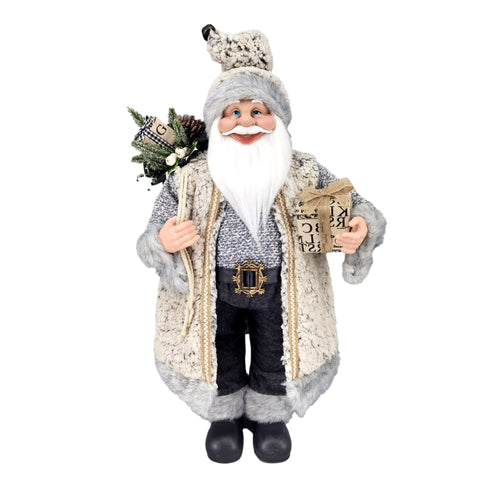 Père Noël décoratif en gris avec cadeau et sapin