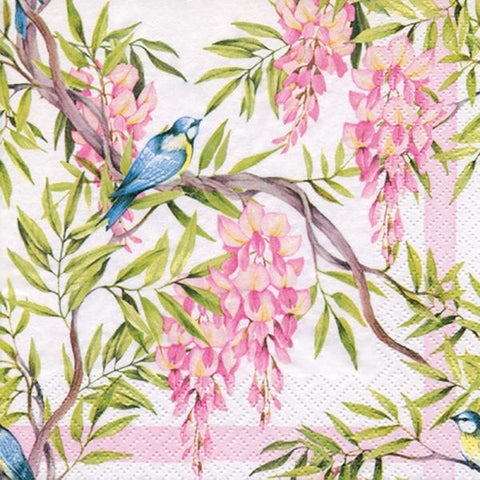 Serviette de table "Fleurs roses et oiseaux"