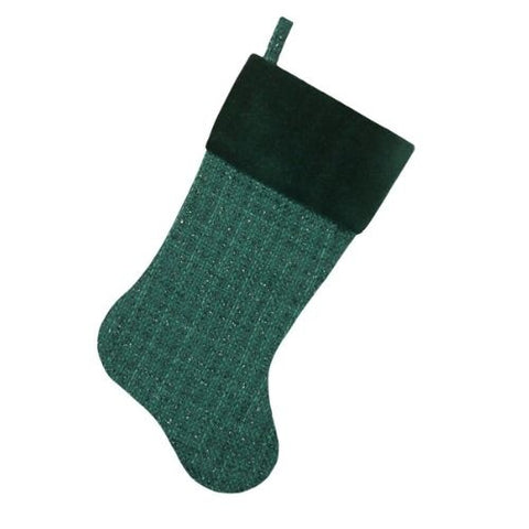 Bas de Noël en tissu vert texturé et pailleté avec revers en velours
