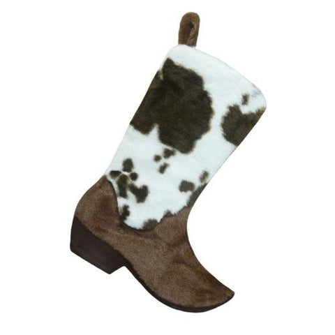 Bas de Noël en forme de botte de cowboy brun foncé et blanc