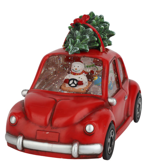 Boule d’eau lumineuse voiture rouge avec bonhomme de neige