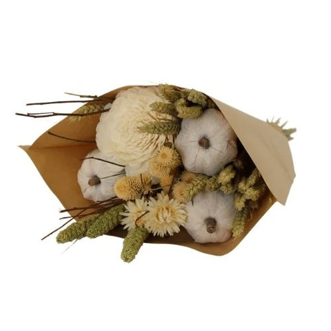 Bouquet décoratif citrouilles blanches et fleurs