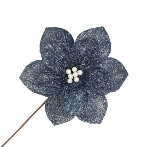 Branche décorative de poinsettia bleu nuit avec perles