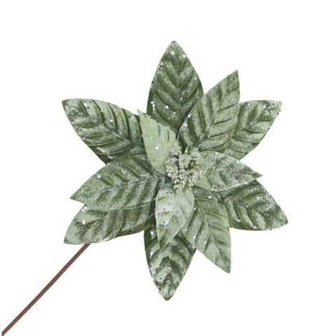 Branche décorative de poinsettia en velours sauge avec paillettes