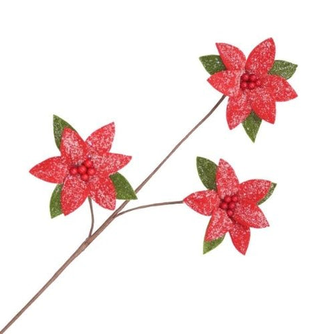 Branche décorative de poinsettias rouges givrés