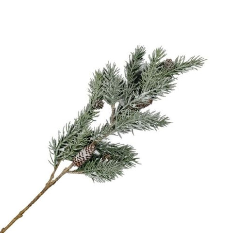 Tige décorative de pin givré avec pommes de pin