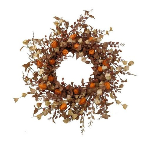 Couronne d’automne rustique avec lanternes et feuillage