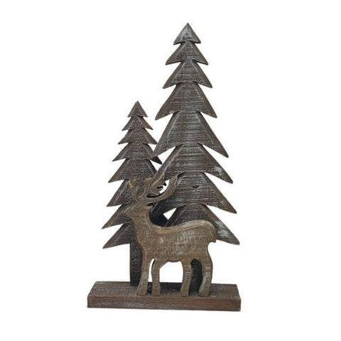Décoration de table en bois avec cerf et sapins