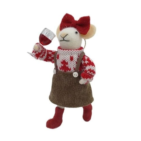 Ornement de souris décorative en laine avec verre festif