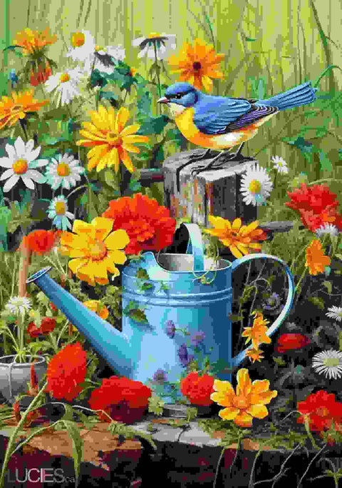 Drapeau décoratif "Merle bleu dans le jardin"