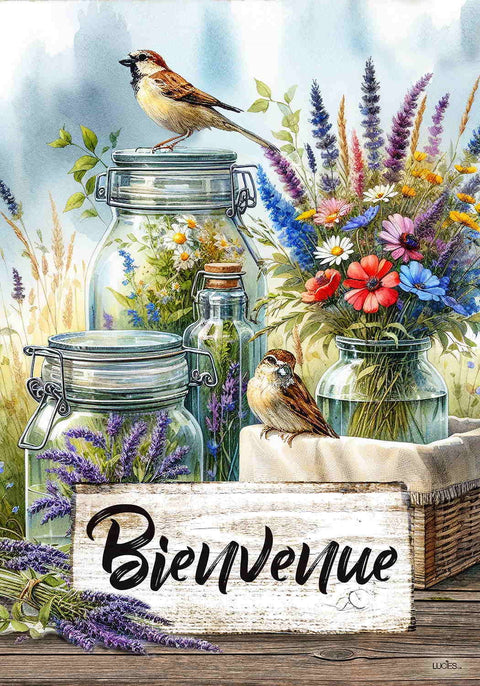 Drapeau décoratif "Bienvenue oiseaux et fleurs des champs"