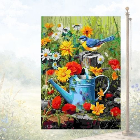 Drapeau décoratif "Merle bleu dans le jardin"