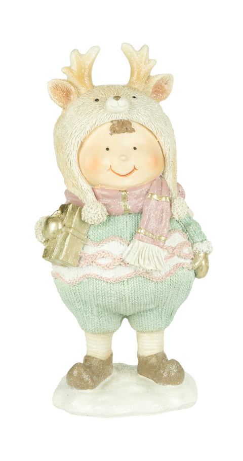Figurine enfant d’hiver avec cadeau et chapeau renne