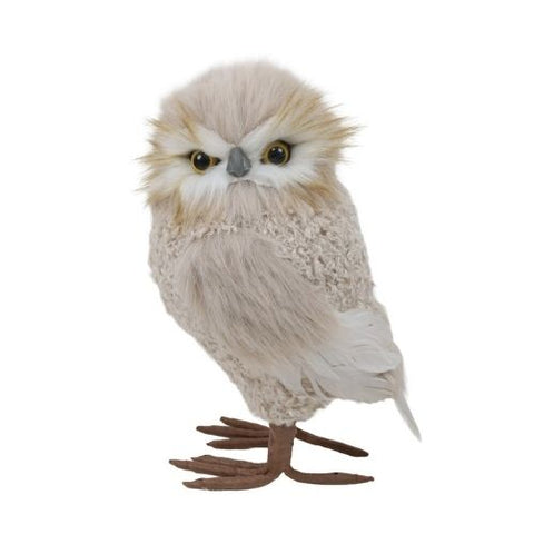 Hibou décoratif debout en fourrure beige