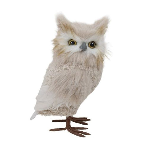 Hibou décoratif debout en fausse fourrure beige