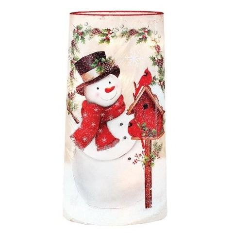 Lanterne décorative avec bonhomme de neige, nichoir et cardinaux