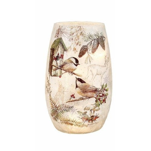 Vase illuminé cabane à oiseaux et mésanges