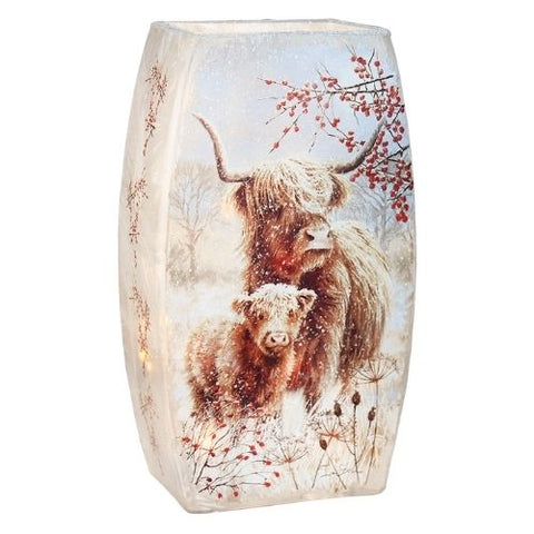 Lanterne décorative avec vache Highland et son veau