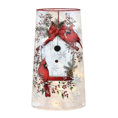 Lanterne décorative avec nichoir et cardinaux