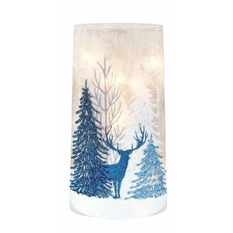 Vase illuminé de Noël Cerf bleu et sapins enneigés scintillants