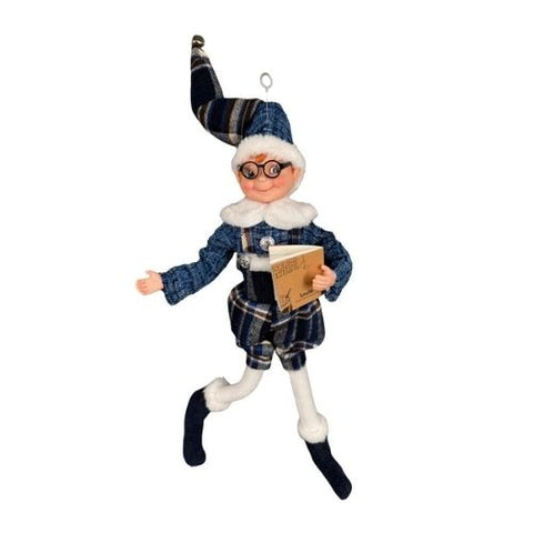 Garçon lutin articulé en tartan bleu avec livre