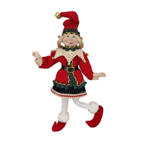 Lutin articulée en tenue rouge à paillettes avec clochettes dorées