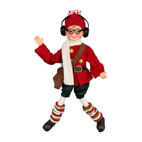 Lutin articulé en tenue rouge avec casque audio et sac bandoulière