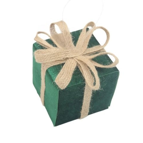 Ornement de coffret cadeau en velours émeraude avec nœud en jute