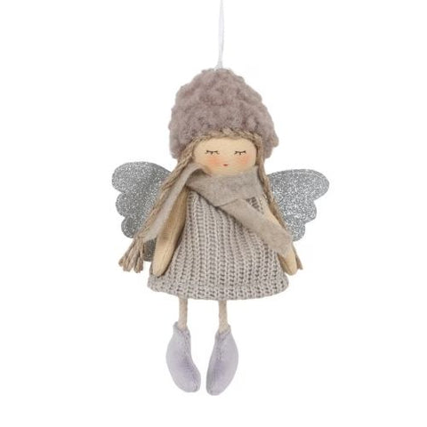 Ornement poupée ange en tissu gris avec ailes argentées