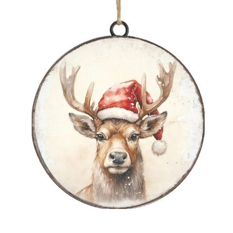 Ornement rond de renne au bonnet de Père Noël