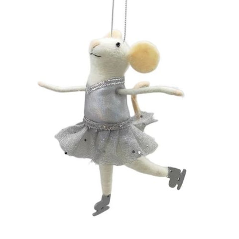 Ornement souris patineuse en laine avec robe argentée