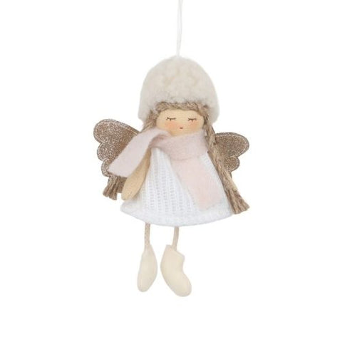 Ornement poupée ange en tissu avec robe blanche et chapeau beige