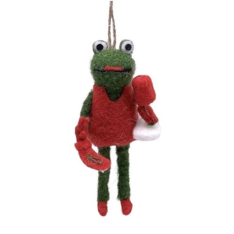 Ornement de grenouille en feutre avec tablier rouge