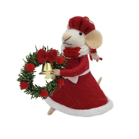 Ornement de souris en laine avec couronne de Noël