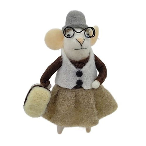 Ornement de souris en laine avec lunettes et sac