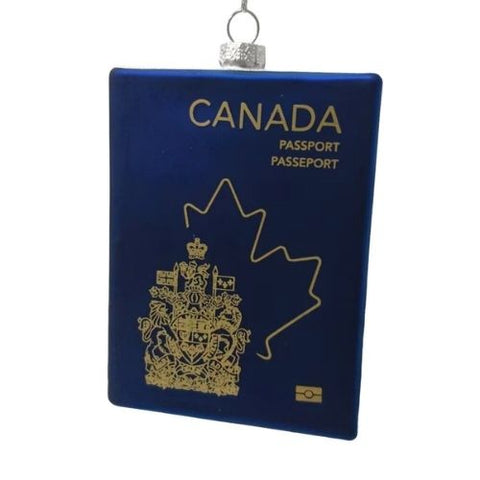 Ornement passeport Canada en verre bleu et or