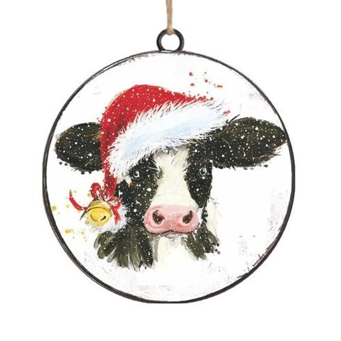 Ornement rond en métal avec vache de Noël