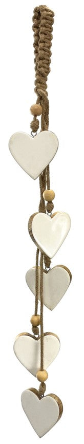 Ornement en bois de coeurs émaillés blancs