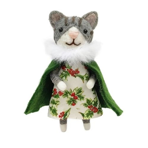 Ornement de chat en laine avec cape verte et robe imprimée houx