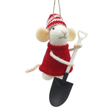 Ornement souris en laine avec pelle à neige
