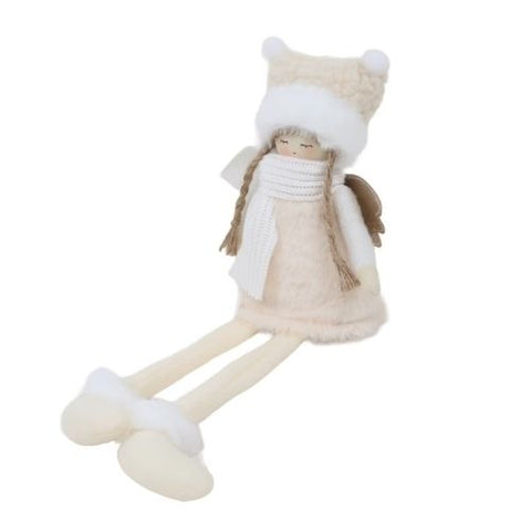 Ornement de poupée ange assise en tissu beige avec foulard blanc