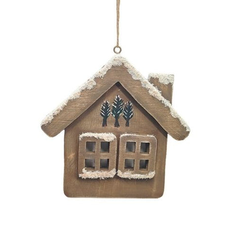 Ornement chalet enneigé en bois brun